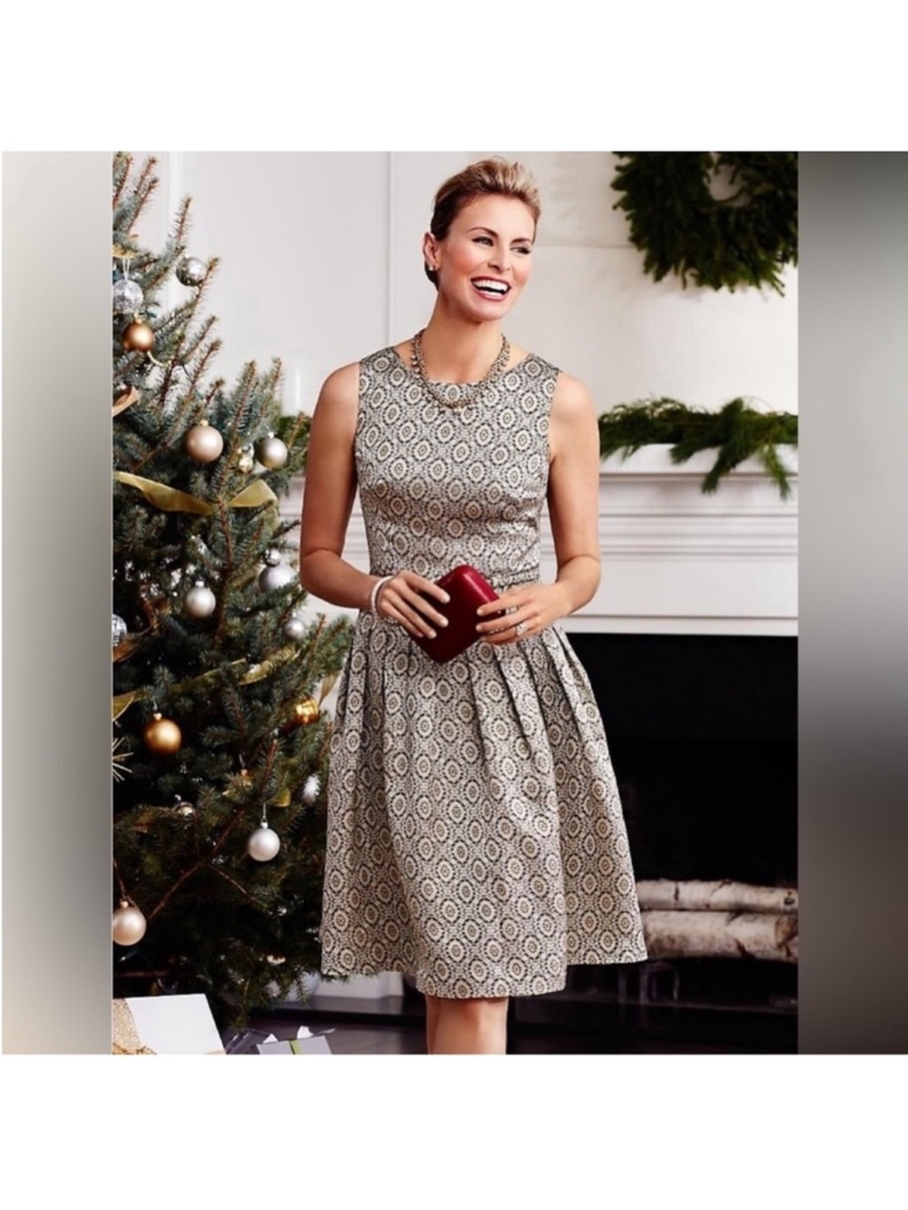 NWT Talbots Gold Metallic Dress Sz 8/M Crew fit& Flared Belted Preppy Wedding